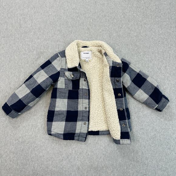 Old Navy Jacket Kids Boys Sz 3T Sherpa Fleece Lined Button Up Buffalo Plaid Blue - Picture 3 of 7